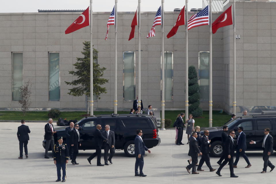 Security officers patrol at the airport as Vice President Mike Pence arrives in Ankara, Turkey, Thursday, Oct. 17, 2019. Vice President Mike Pence and Secretary of State Mike Pompeo have arrived in Turkey to mount an improbable push for a cease-fire in Syria. (AP Photo/Jacquelyn Martin)