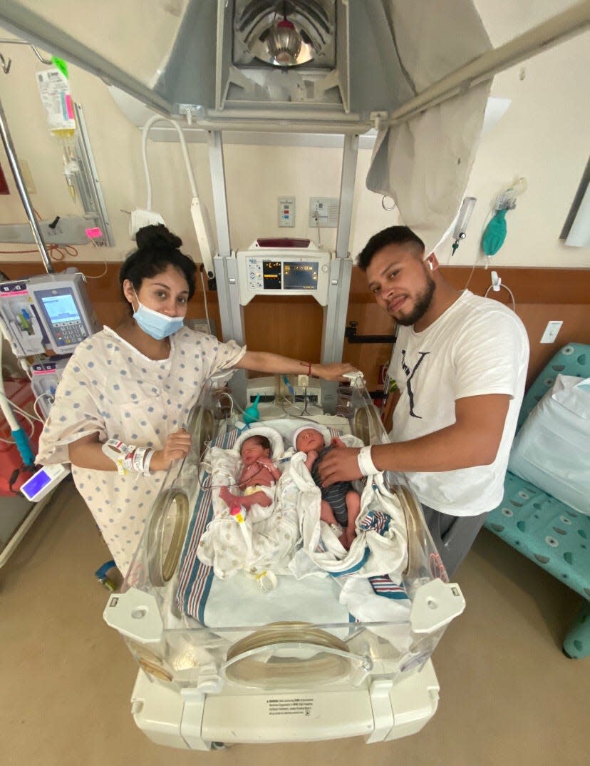 Jeanette Becerra and Alejandro Rodriguez welcomed sons Yasiel, left, and Yadier on March 12, 2022. The babies underwent the first fetal surgery at Dell Children's on Dec. 9, 2021, when they were at 22 weeks gestation.