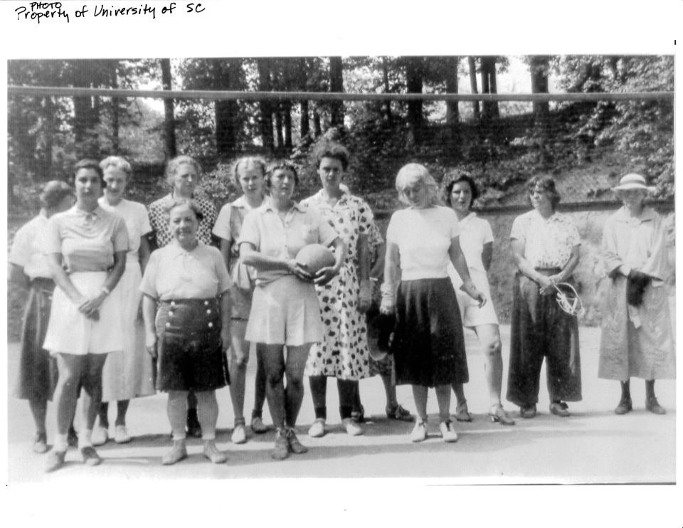 Patients at Highland Hospital on volleyball court. Nurse Willie Mae Hall is front row second from left. Zelda Fitzgerald is holding the volleyball.