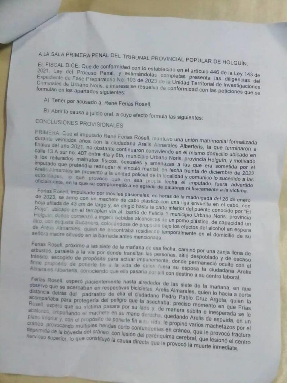 A page in the sentencing document issued by the provincial court in Holguín, Cuba, describes how René Ferias killed her ex-wife Arelis Almarales Alberteris.