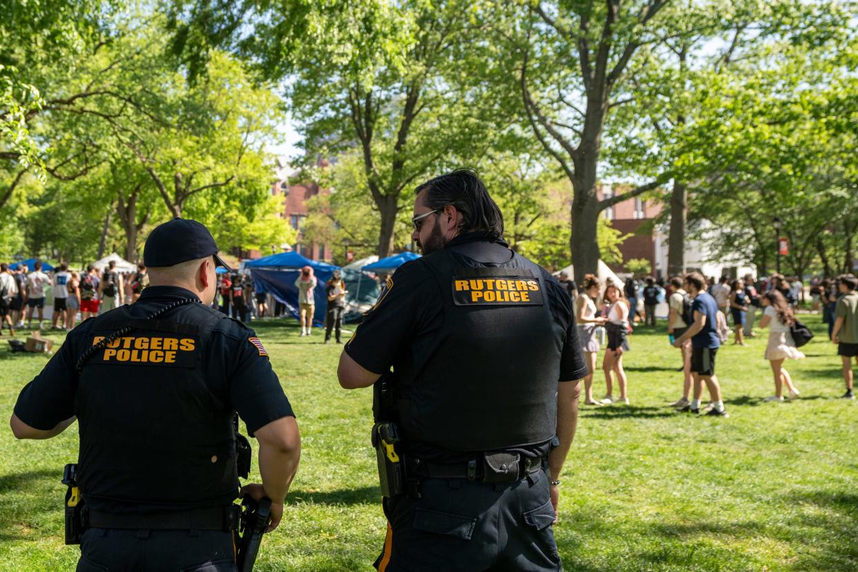 A pro-Palestinian camp at Rutgers University in New Brunswick, NJ, that began on April 29, was broken up on Thursday, May 2, after campus authorities ordered students to leave. An organizer told protesters they had several "Wins" after meeting with school officials. Rutgers police were on site but were some distance from the camp.