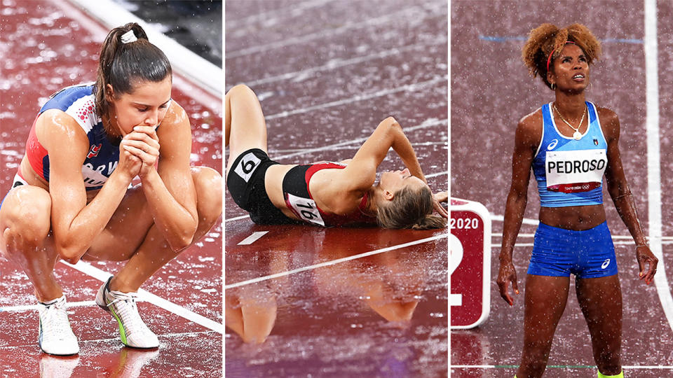 Amalie Iuel (pictured left) prepares before her race, Sara Slott Petersen (pictured middle) in pain after fall and Yadisleidis Pedroso (pictured right) before her race.