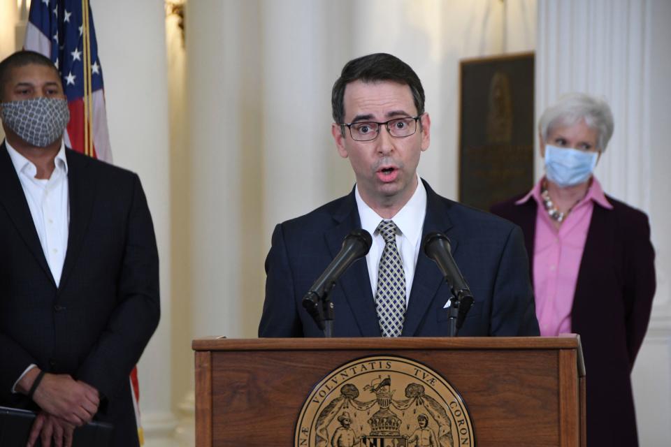 Roy McGrath, chief executive officer of the Maryland Environmental Service, speaks during a news conference at the State House in Annapolis, Md., on April 15, 2020. Federal authorities offered rewards of up to $20,000 Tuesday, March 28, 2023, as their search continues for former Maryland Gov. Larry Hogan’s ex-chief of staff, who failed to appear for trial on corruption charges two weeks ago.