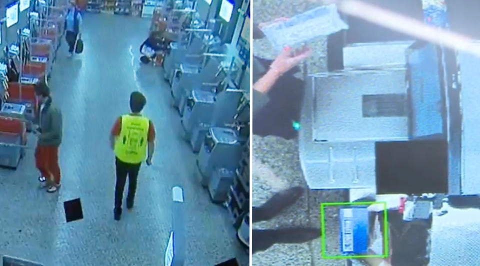 Composite image of a Coles worker watching self-checkouts and an aerial view of a customer.