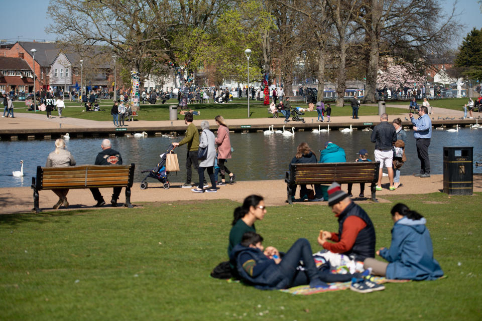 Groups of people out in Stratford-upon-Avon in Warwickshire. Picture date: Sunday April 4, 2021. (Photo by Jacob King/PA Images via Getty Images)