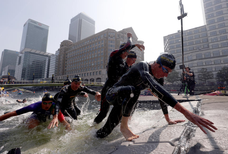 <p>Cheetah's Jonathan Brownlee exits the water during the men's race during the Super League Triathlon Championship 2021 in London. Picture date: Sunday September 5, 2021. (Photo by Steven Paston/PA Images via Getty Images)</p>
