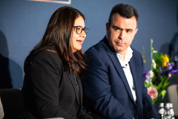 Claudia Sandoval of Gildan and Avedis Seferian, president and CEO of Worldwide Responsible Accredited Production, during Sourcing Journal’s Sustainability Summit panel discussion on Rana Plaza 10 years later.