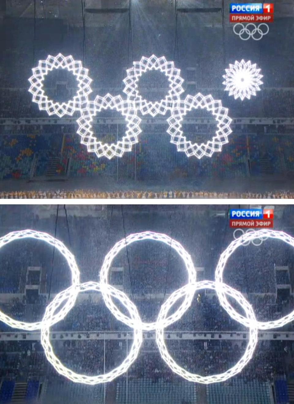 In a combo of frame grabs taken from Russian television, five snowflakes float together in Fisht Stadium during the opening ceremony of the 2014 Winter Olympics in Sochi, Russia, Friday, Feb. 7, 2014. During the live ceremony, the fifth ring failed to fully open to create the Olympics rings. On Russian television, producers inserted footage from a dress rehearsal when all five rings joined together and erupted in pyrotechnics.(AP Photo)