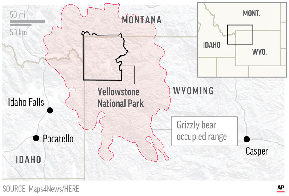 Map shows grizzly bear occupied range across Yellowstone National Park.; 2c x 3 inches; 96.3 mm x 76 mm;