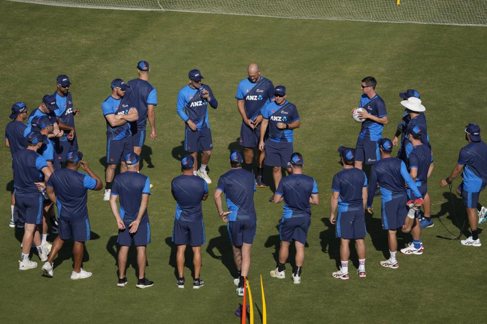 New Zealand's players attend team meeting prior to a training session, in Karachi, Pakistan, Friday, Dec. 23, 2022. (AP Photo/Fareed Khan)