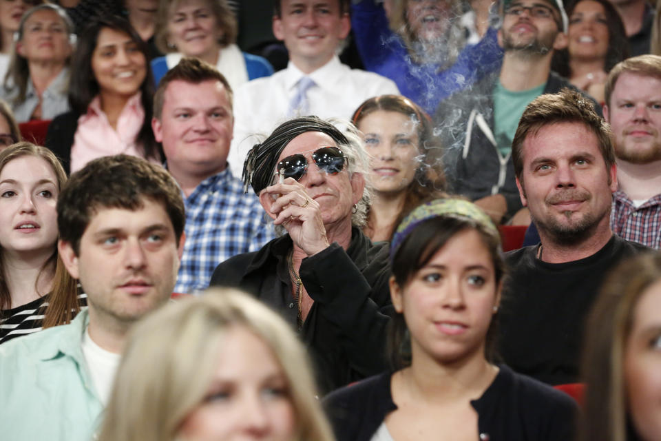 Keith Richards sits among the studio audience of Late Night With Jimmy Fallon, April 8, 2013. (Photo by: Lloyd Bishop/NBCU Photo Bank/NBCUniversal via Getty Images)