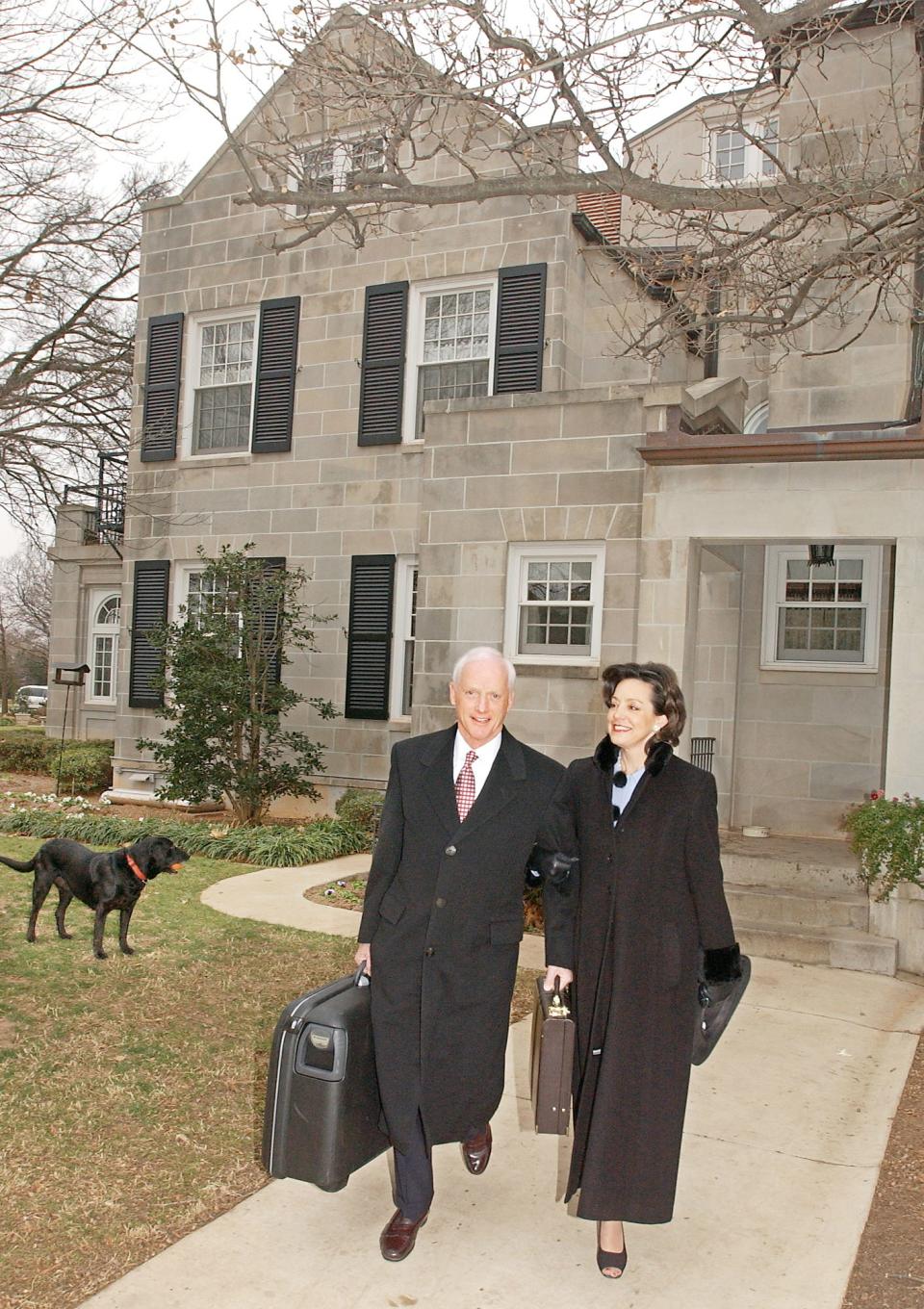 Gov. Frank Keating and former first lady Cathy Keating leave the Governor's Mansion for the last time in January 2003 after eight years. The Keatings launched a major renovation of the mansion, with private money and raised the funds to complete the Oklahoma Capitol with a dome.