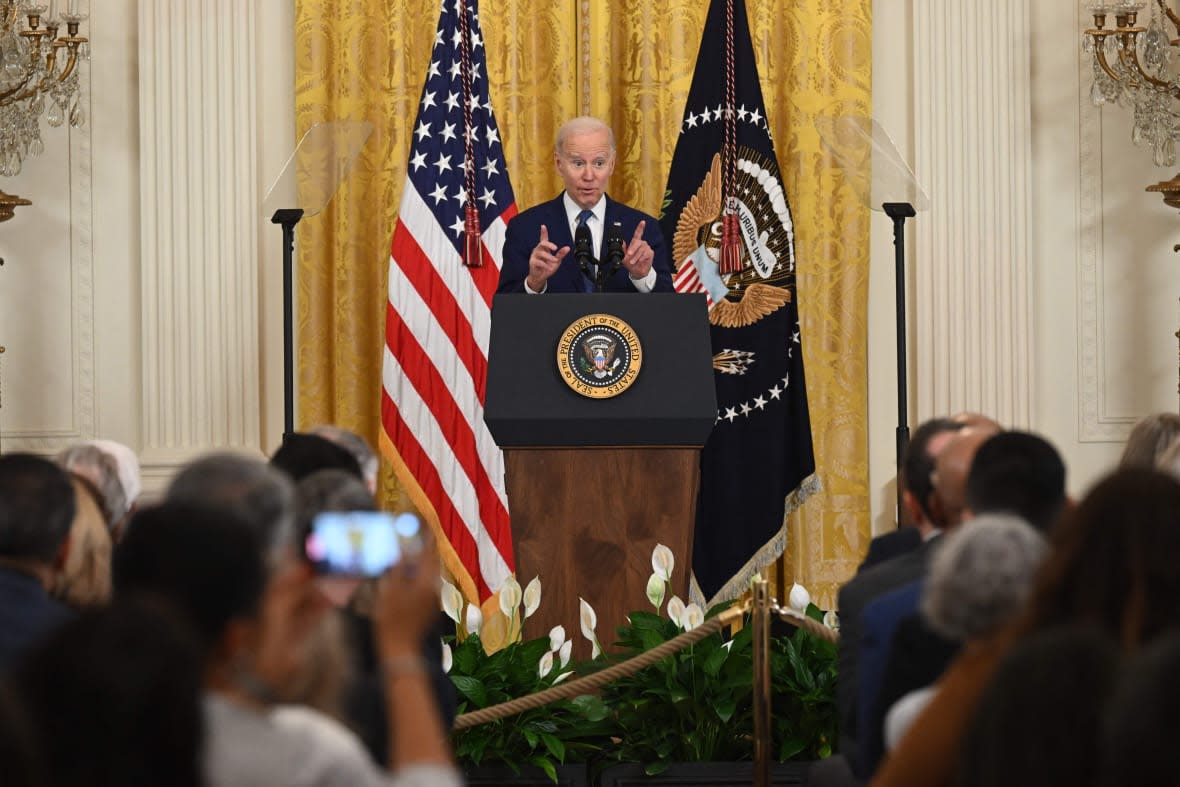 President Joe Biden speaks during a ceremony marking the 13th anniversary of the Affordable Care Act on March 23, 2023 in the East Room of the White House in Washington, D.C. (Photo by SAUL LOEB/AFP via Getty Images)