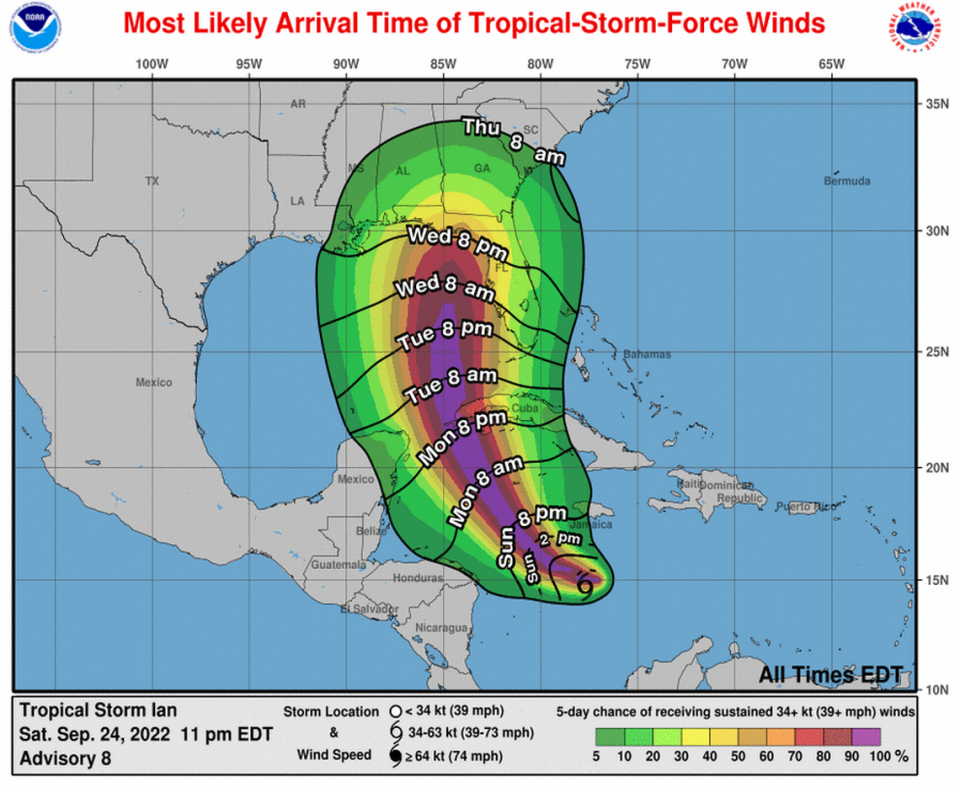 Floridians should complete their preparations by Monday night, the hurricane center warned.