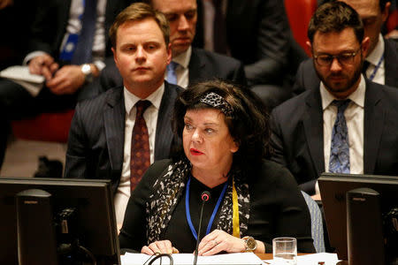 Britain's Ambassador to the United Nations Karen Pierce addresses the United Nations Security Council meeting on Syria at the U.N. headquarters in New York, U.S., April 9, 2018. REUTERS/Brendan McDermid