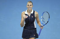 Karolina Pliskova of the Czech Republic reacts after winning her semifinal match against Naomi Osaka of Japan 6-7, 7-6, 6-2, at the Brisbane International tennis tournament in Brisbane, Australia, Saturday, Jan. 11, 2020. (AP Photo/Tertius Pickard)