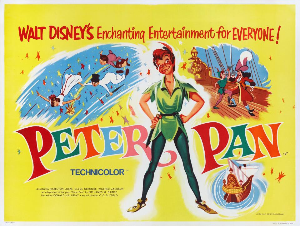 Vintage Film Poster - PETER PAN, from left: Wendy Darling, John Darling, Michael Darling, Peter Pan, Peter Pan, Captain Hook, 1953, ©Walt Disney