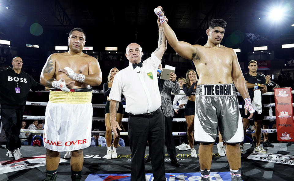 Alex Leapai Jr, pictured here after beating Joe Ageli in his professional boxing debut.