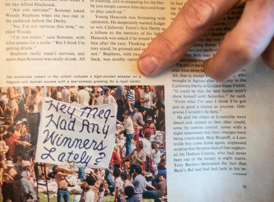 Skip Anderson has more than four decades worth of stories about his antics in the Kentucky Derby infield. Anderson points to a photograph in a 1974 Sports Illustrated that of his taunting Princess Margaret with a message on a bed sheet. March 22, 2022