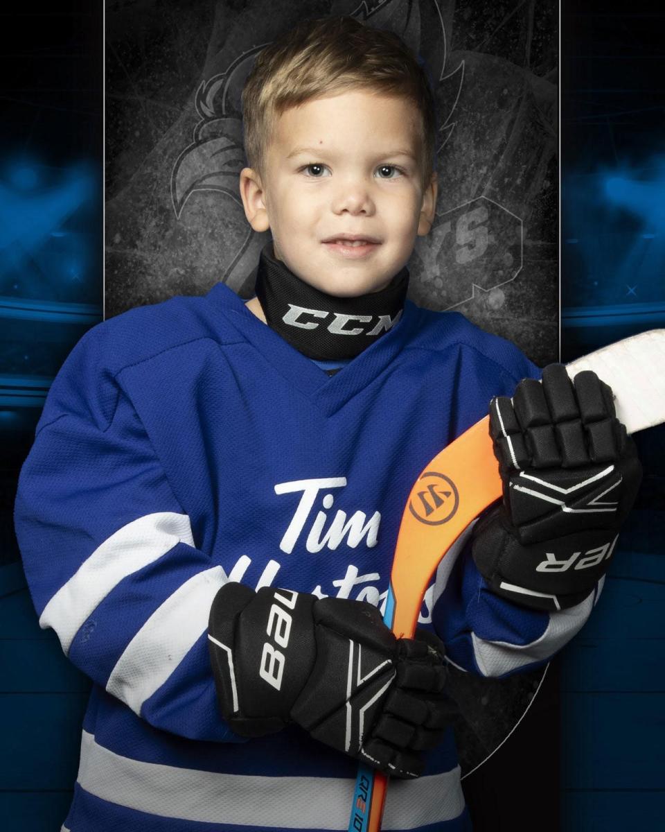 Moncton Minor Hockey Association players will wear helmet stickers this season of Tate's #6 Blue Jays jersey.