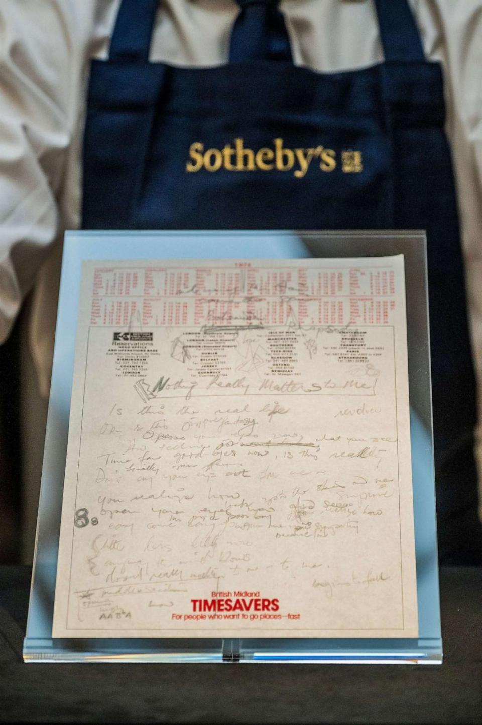 PHOTO: The handwritten lyrics for Bohemian Rhapsody are shown in an exhibition at Sotheby's in London, on Aug. 3, 2023. Freddie Mercury's entire personal collection will be offered across six dedicated auctions. (Guy Bell/Shutterstock)