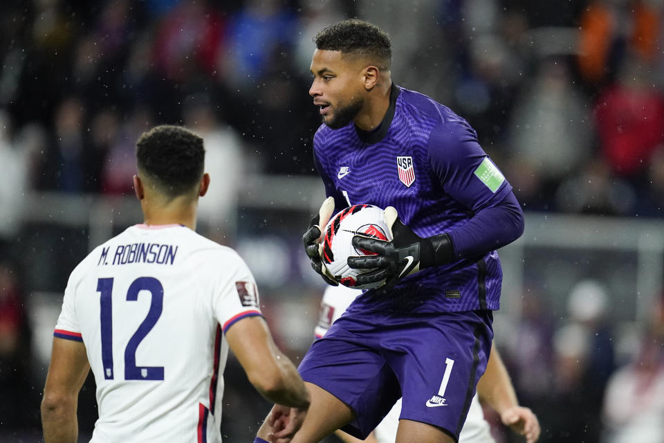 United States' Zack Steffen (1) collects the ball on a shot by Mexico during the second half of a FIFA World Cup qualifying soccer match, Friday, Nov. 12, 2021, in Cincinnati. The U.S. won 2-0. (AP Photo/Julio Cortez)