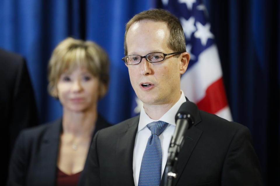 Benjamin Glassman, United States Attorney of the Southern District of Ohio, speaks during a news conference, Thursday, July 18, 2019, in Cincinnati. Federal authorities say Miami-Luken, an Ohio-based wholesale drug distributor that's been linked before to the opioid drug crisis, has been charged in a painkiller pill conspiracy cases. (AP Photo/John Minchillo)