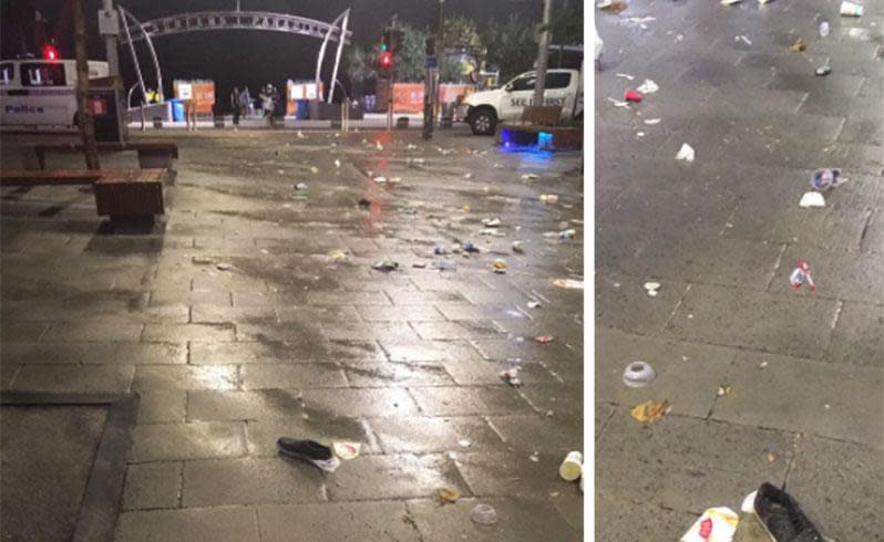 The Gold Coast streets were littered with trash and a lone shoe on the main strip of Surfers Paradise. Photo: Instagram