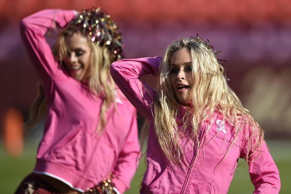 <p>Washington Redskins cheerleaders perform before an NFL football game between the Redskins and the Philadelphia Eagles, Sunday, Oct. 16, 2016, in Landover, Md. (AP Photo/Nick Wass) </p>