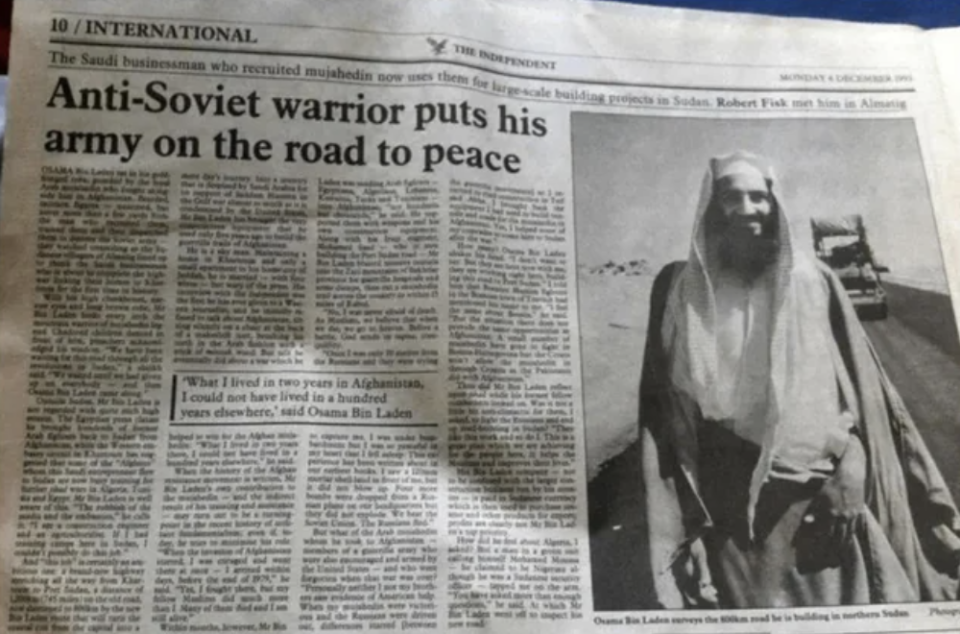 The Independent headline from 1993: "Anti-Soviet warrior puts his army on the road to peace," with a photo of a smiling Osama
