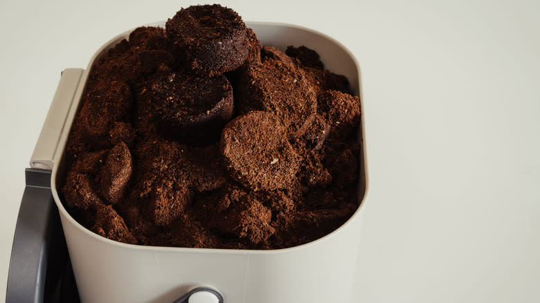 Coffee grounds in white container 