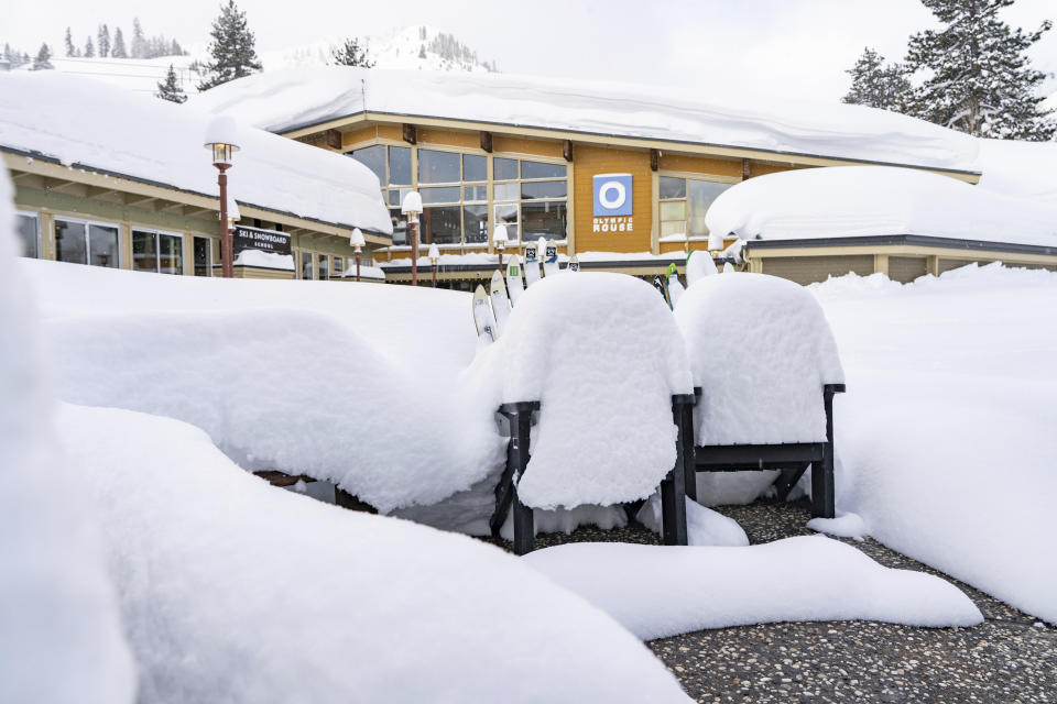 This photo provided by Palisades Tahoe shows snow cover at Palisades Tahoe ski resort in Olympic Valley, Calif., on Wednesday, March 1, 2023. (Blake Kessler/Palisades Tahoe via AP, File)