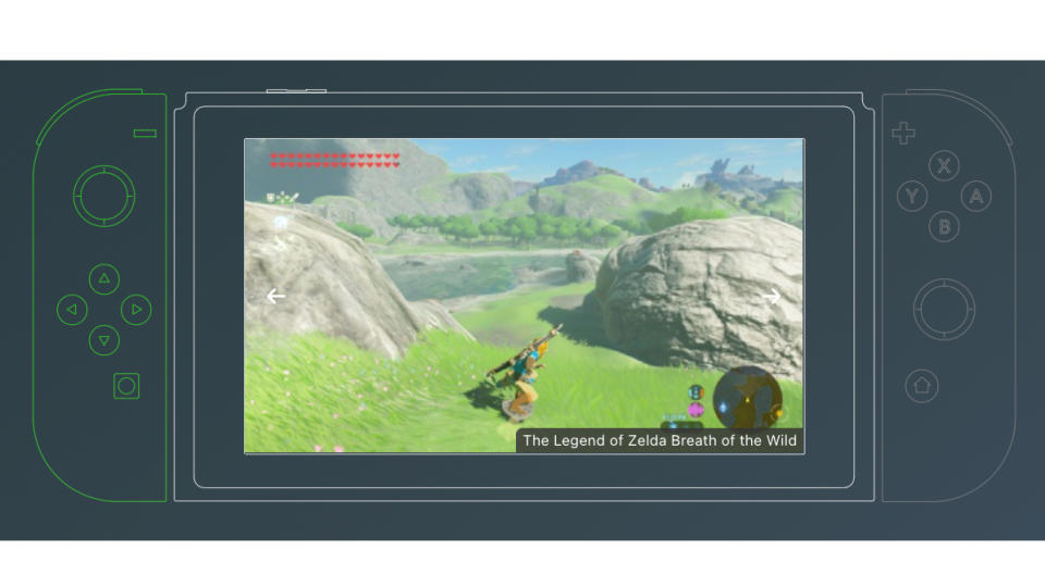 A screenshot from Yuzu's emulator website showing a photo from Zelda: Breath of the Wild with a blueprint-style sketch of the Nintendo Switch framing it.  Dark gray background.