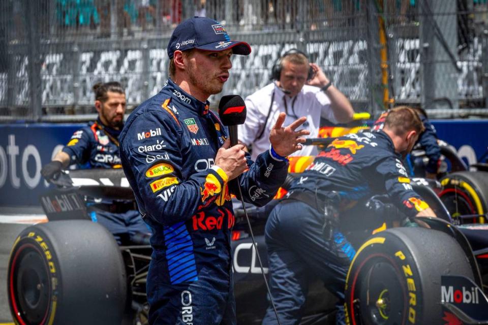 Red Bull Racing driver Max Verstappen of Netherlands is interviewed by reporters after placing first during the Sprint race on day two of Formula One Miami Grand Prix.
