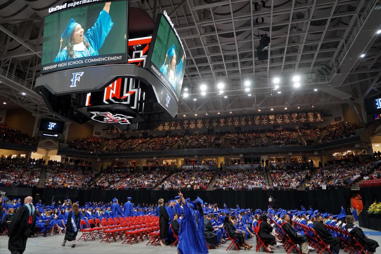 Graduates celebrate their success during Frenship High School's 2023 spring commencement ceremony Sunday, May 28, at the United Supermarkets Arena.