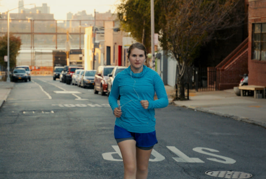 Jillian Bell in character as Brittany on the set of Brittany Runs a Marathon.