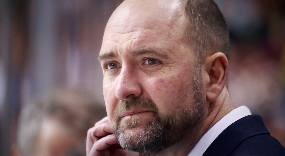 VANCOUVER, BC - APRIL 2: Head coach Peter DeBoer of the San Jose Sharks looks on from the bench during their NHL game against the Vancouver Canucks at Rogers Arena April 2, 2019 in Vancouver, British Columbia, Canada. (Photo by Jeff Vinnick/NHLI via Getty Images)"n 