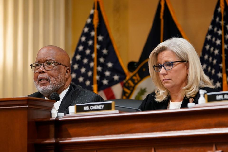 Rep. Bennie Thompson, D-Miss., left, opens a public hearing before the House committee to investigate the Jan. 6, 2021 attack on the U.S. Capitol on July 12, 2022 in Washington, D.C. At left is committee vice-chair Rep. Liz Cheney, R-Wyo.
