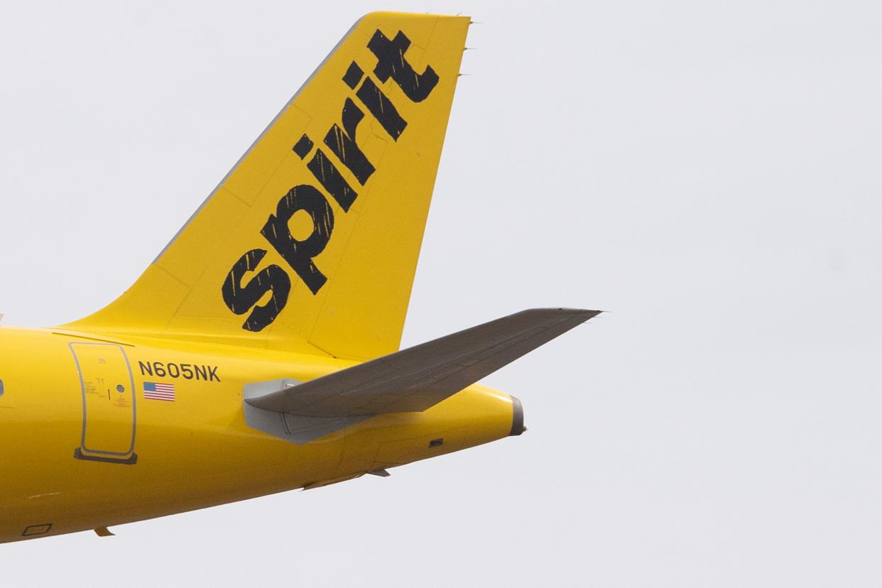 The tail section of an Airbus 320 operated by Spirit Airlines is seen as it approaches for landing at Baltimore Washington International Airport near Baltimore, Maryland on March 11, 2019. (Photo by Jim WATSON / AFP)        (Photo credit should read JIM WATSON/AFP/Getty Images)