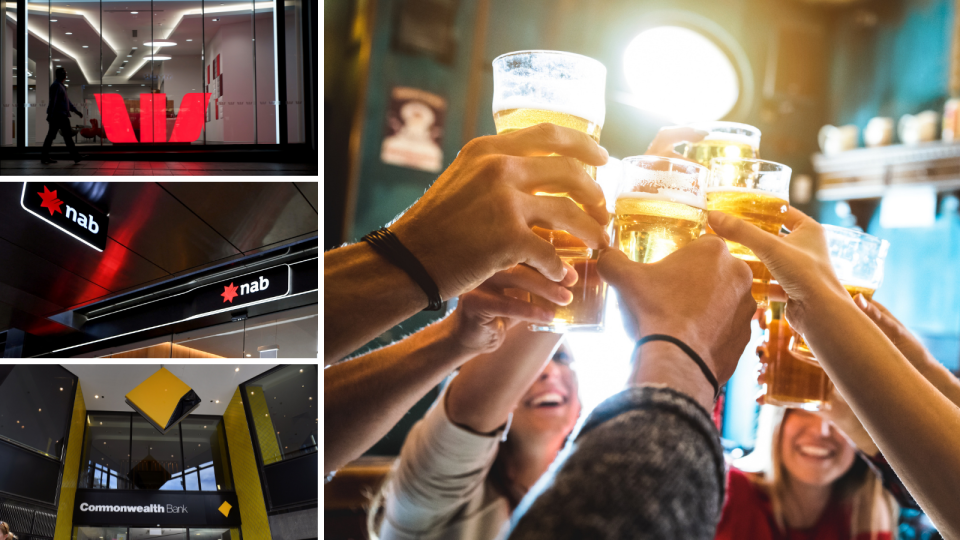 The exterior of a Westpac, NAB and CBA branch. A group of friends celebrating with beers.