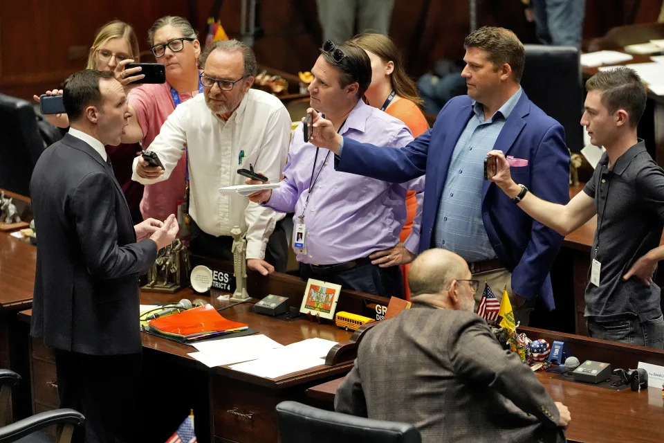 Arizona State Rep. Matt Gress, R, speaks to reporters on the House floor at the Capitol, Wednesday, April 10, 2024, in Phoenix. The Arizona Supreme Court ruled Tuesday that the state can enforce its long-dormant law criminalizing all abortions except when a mother's life is at stake. (AP Photo/Matt York)