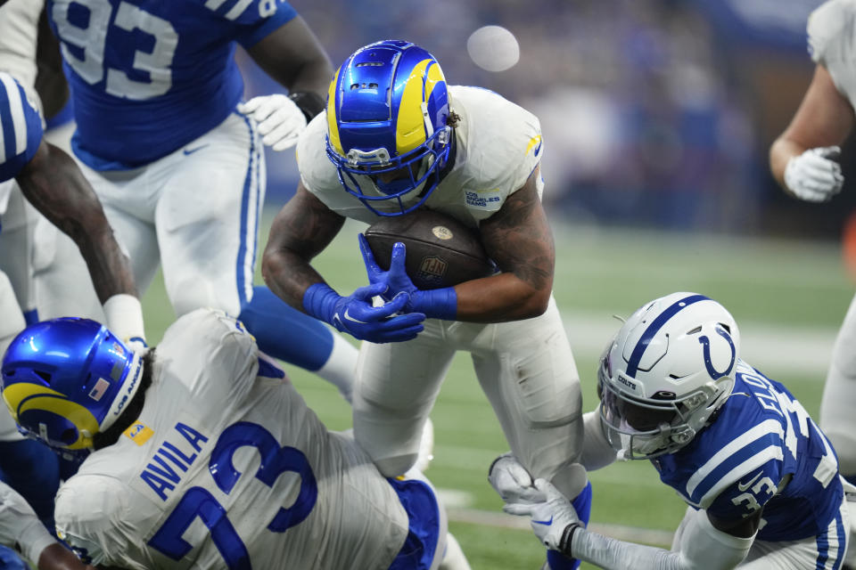 Los Angeles Rams running back Kyren Williams runs with the ball during the first half of an NFL football game against the Indianapolis Colts, Sunday, Oct. 1, 2023, in Indianapolis. (AP Photo/Michael Conroy)