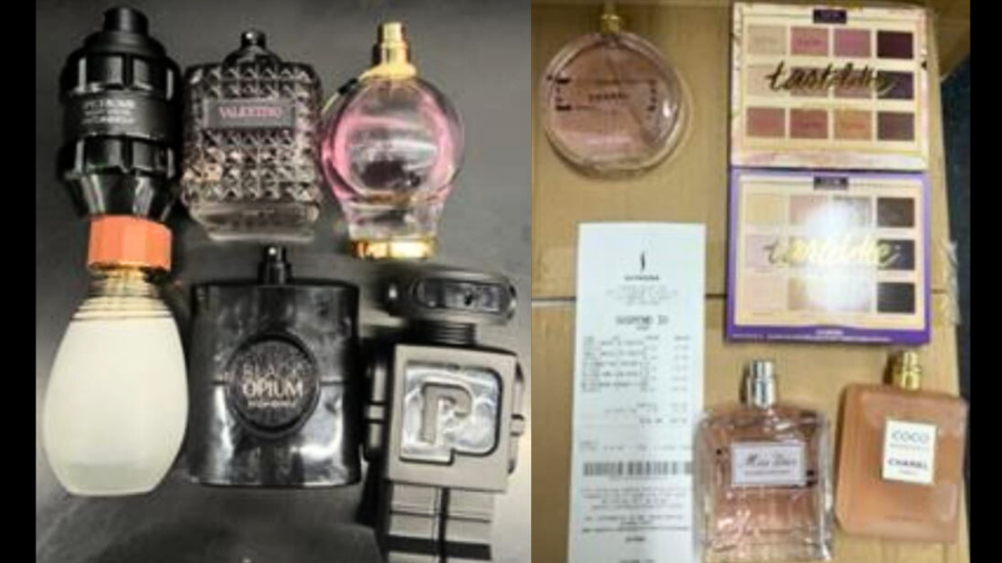 Police found stolen designer perfumes, colognes and makeup during a retail theft bust in downtown L.A. on Feb. 7, 2024. (Los Angeles Police Department)