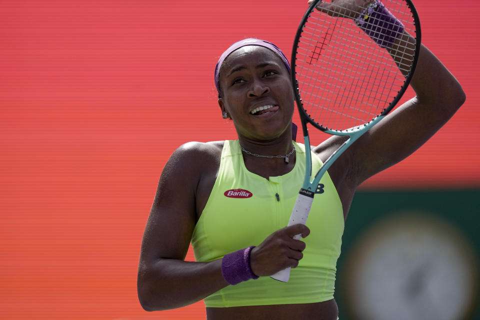 Coco Gauff, of the United States, celebrates after defeating Clara Burel, of France, at the BNP Paribas Open tennis tournament, Saturday, March 9, 2024, in Indian Wells, Calif. (AP Photo/Mark J. Terrill)