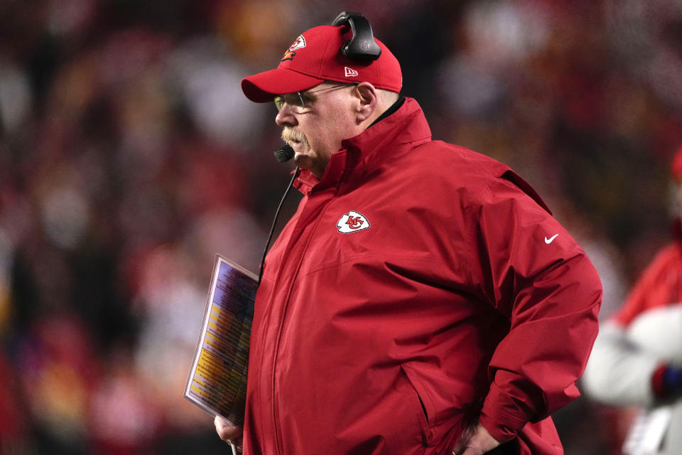 Kansas City Chiefs head coach Andy Reid watches from the sideline during the first half of the NFL AFC Championship playoff football game against the Cincinnati Bengals, Sunday, Jan. 29, 2023, in Kansas City, Mo. (AP Photo/Jeff Roberson)