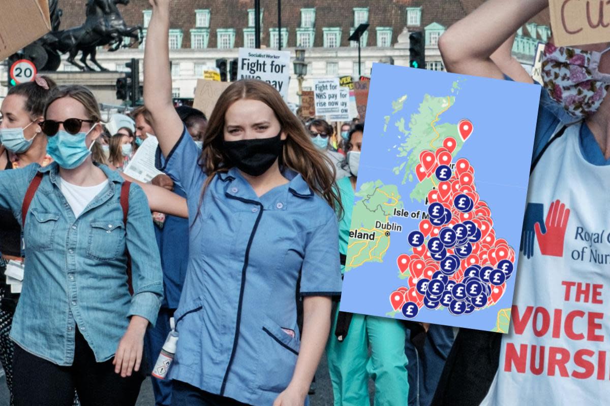 NHS nurses demonstrate for better pay, and a shot of an EveryDoctor map showing NHS outsourcing <i>(Image: Ehimetalor Akhere Unuabona on Unsplash)</i>