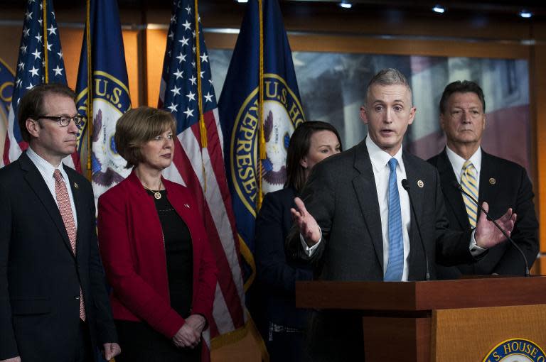 Chairman Trey Gowdy and other members of the House Select Committee on Benghazi speak to reporters at a press conference on former secretary of state Hillary Clinton's personal emails at the Capitol on March 3, 2015 in Washington, DC