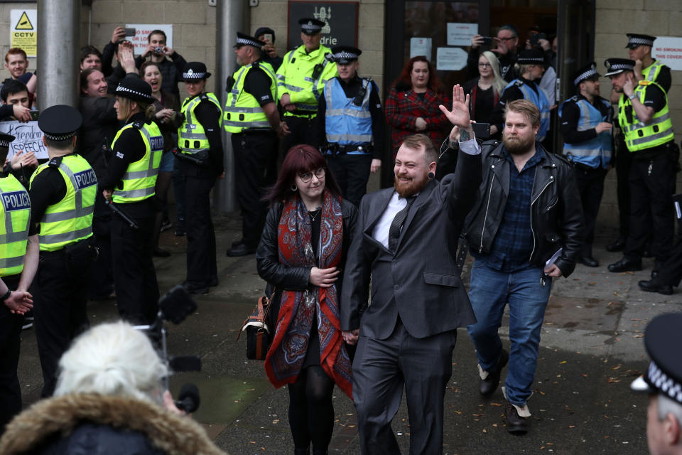 Dozens of supporters greeted Mr Meechan as he exited court on Monday (Picture: PA)