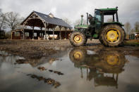 A resident works at "Bellevue" area in the zoned ZAD (Deferred Development Zone) in Notre-Dame-des-Landes, that is slated for the Grand Ouest Airport (AGO), western France January 16, 2018. REUTERS/Stephane Mahe