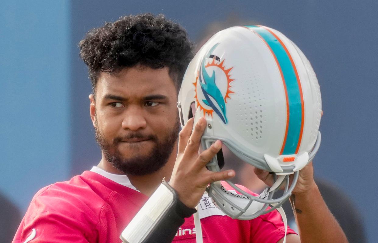 Miami Dolphins quarterback Tua Tagovailoa during a practice session in Frankfurt, Germany, Wednesday, Nov. 1, 2023. The Miami Dolphins are set to play the Kansas City Chiefs in a NFL game in Frankfurt on Sunday Nov. 5, 2023. (AP Photo/Michael Probst)